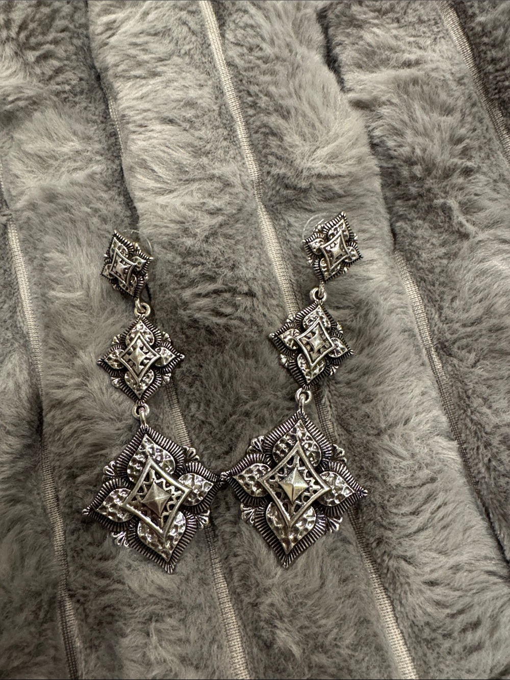 Silver-Tone Filigree Drop Earrings - Elegant Geometric Design